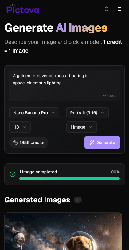 Pictova AI image generation workspace — enter a prompt, pick a model, and generate images instantly