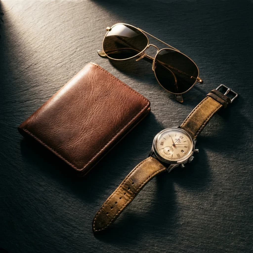 Premium leather product flat lay