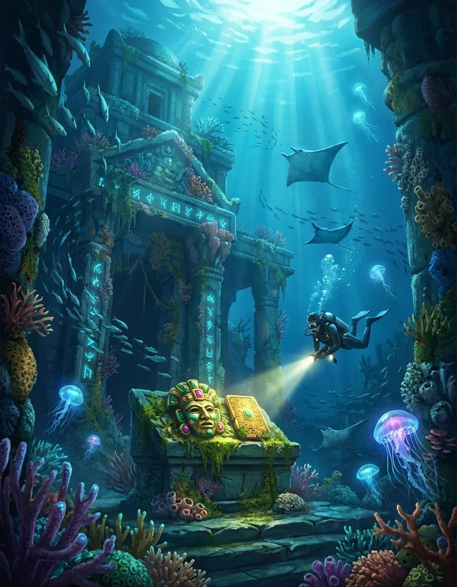 Ancient sunken temple covered in coral and bioluminescent sea life...