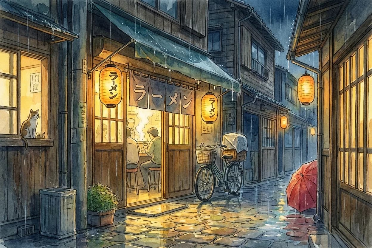 Cozy Japanese ramen shop at night during rain...