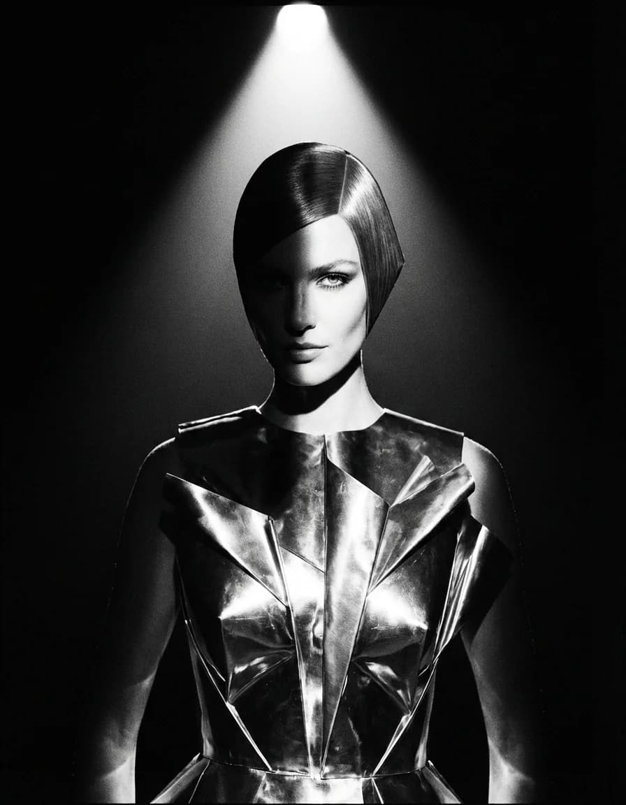 Editorial fashion portrait, avant-garde sculptural outfit...